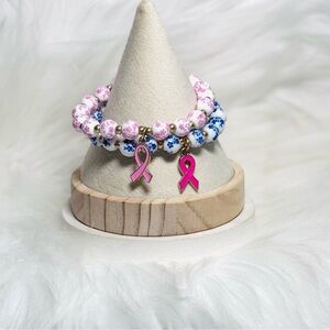 Ceramic Floral Beaded Stretch Bracelet w/ Pink Breast Cancer Charm Set
